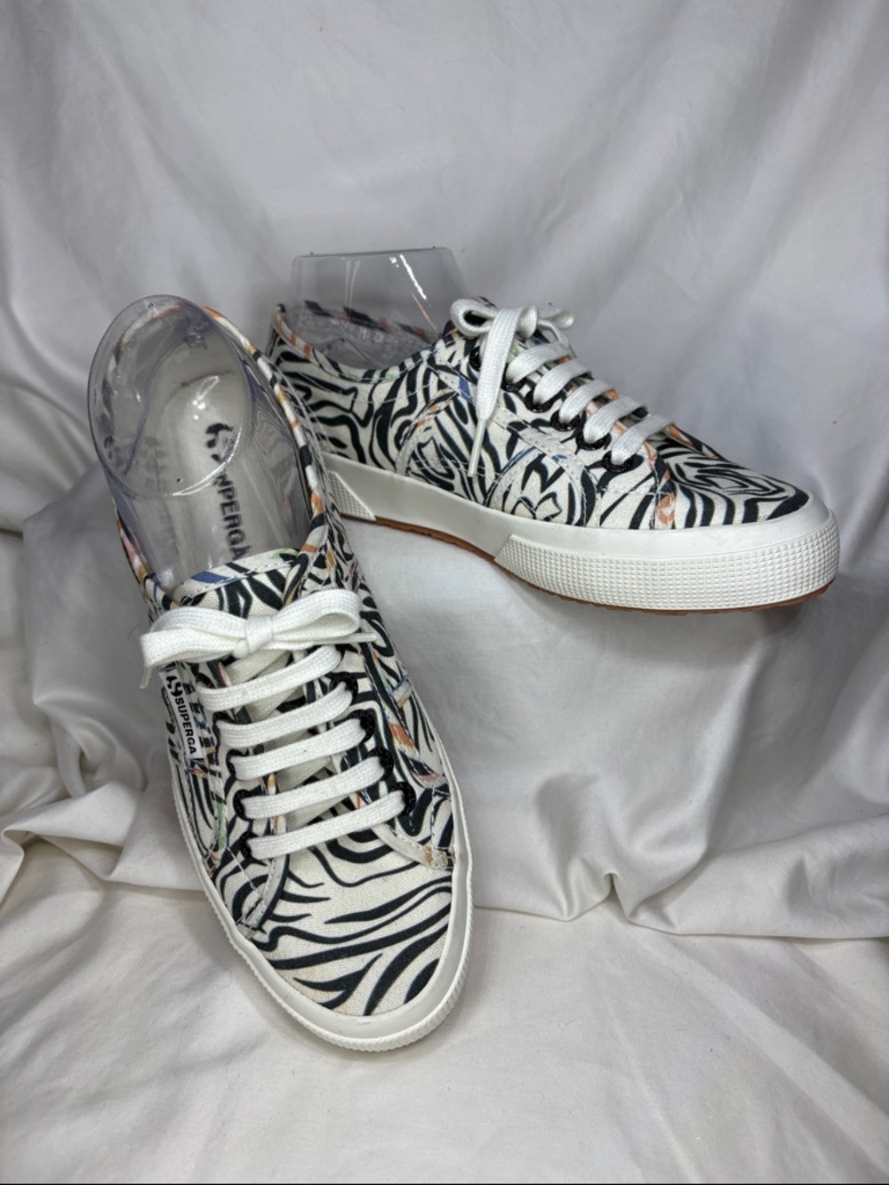New Superga 2750 Zebra Print Lace-Up Sneakers White/Black Multicolor US 8 EU 39